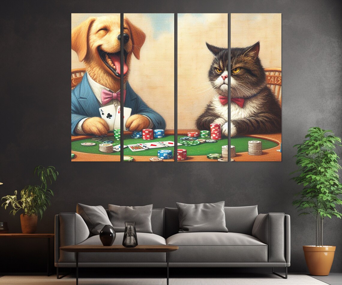 Dog And Cat Playing Poker At Card Table Funny Animal Game Room Wall Art Print - Image 3
