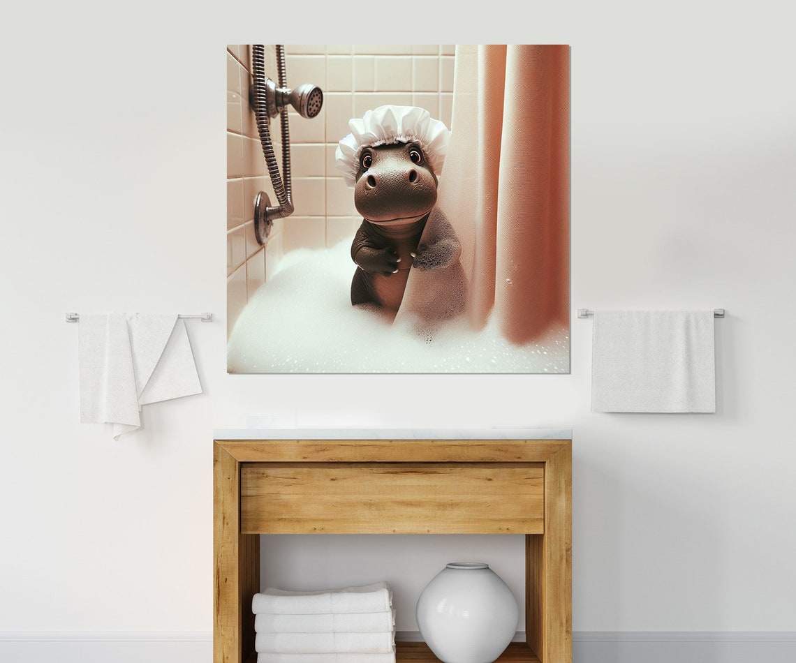 Cute Baby Hippo Bubble Bath Shower Cap Funny Bathroom Animal Poster - Image 4