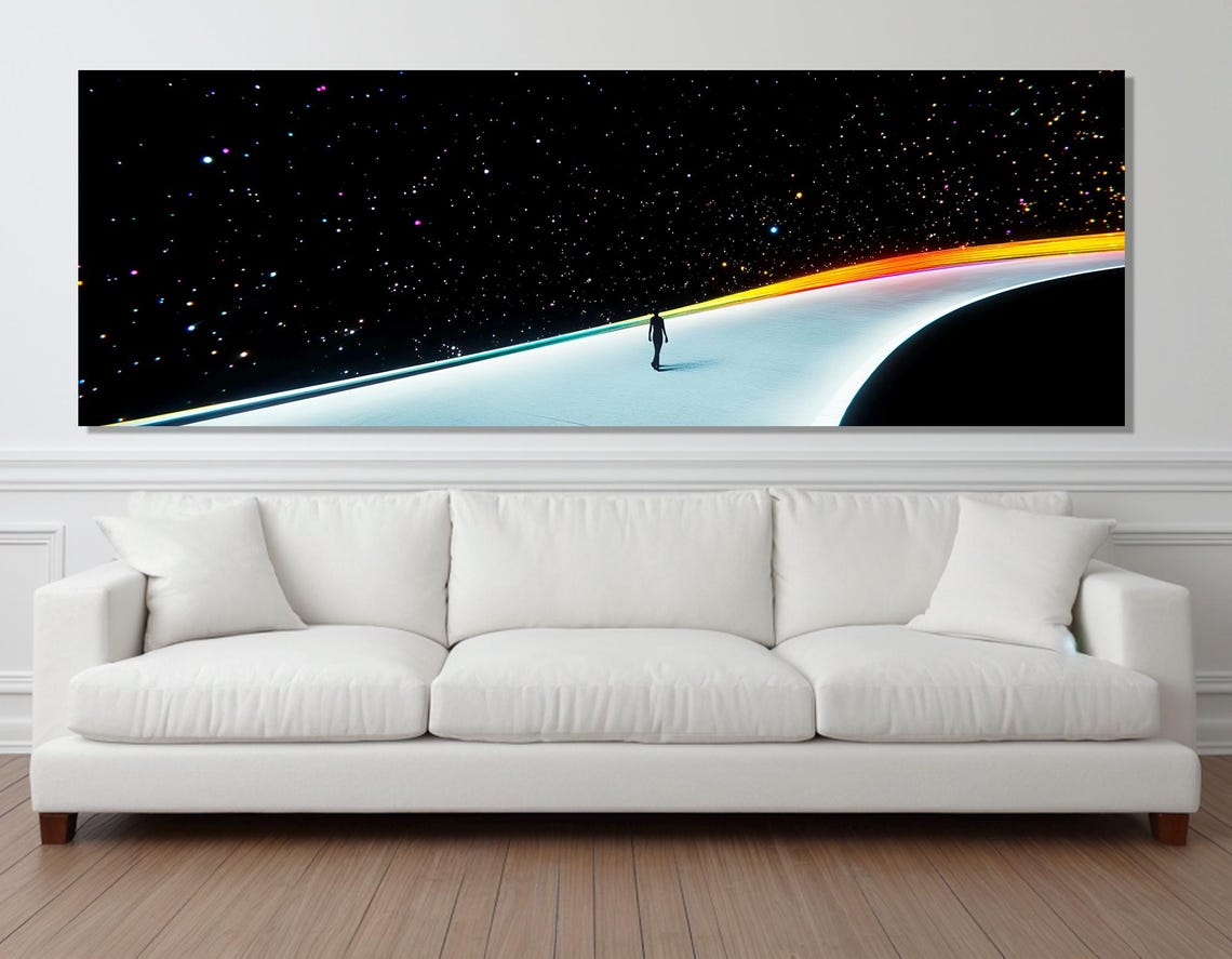 Lone Figure Glowing Path Over Starry Universe Fantasy Wall Art Print