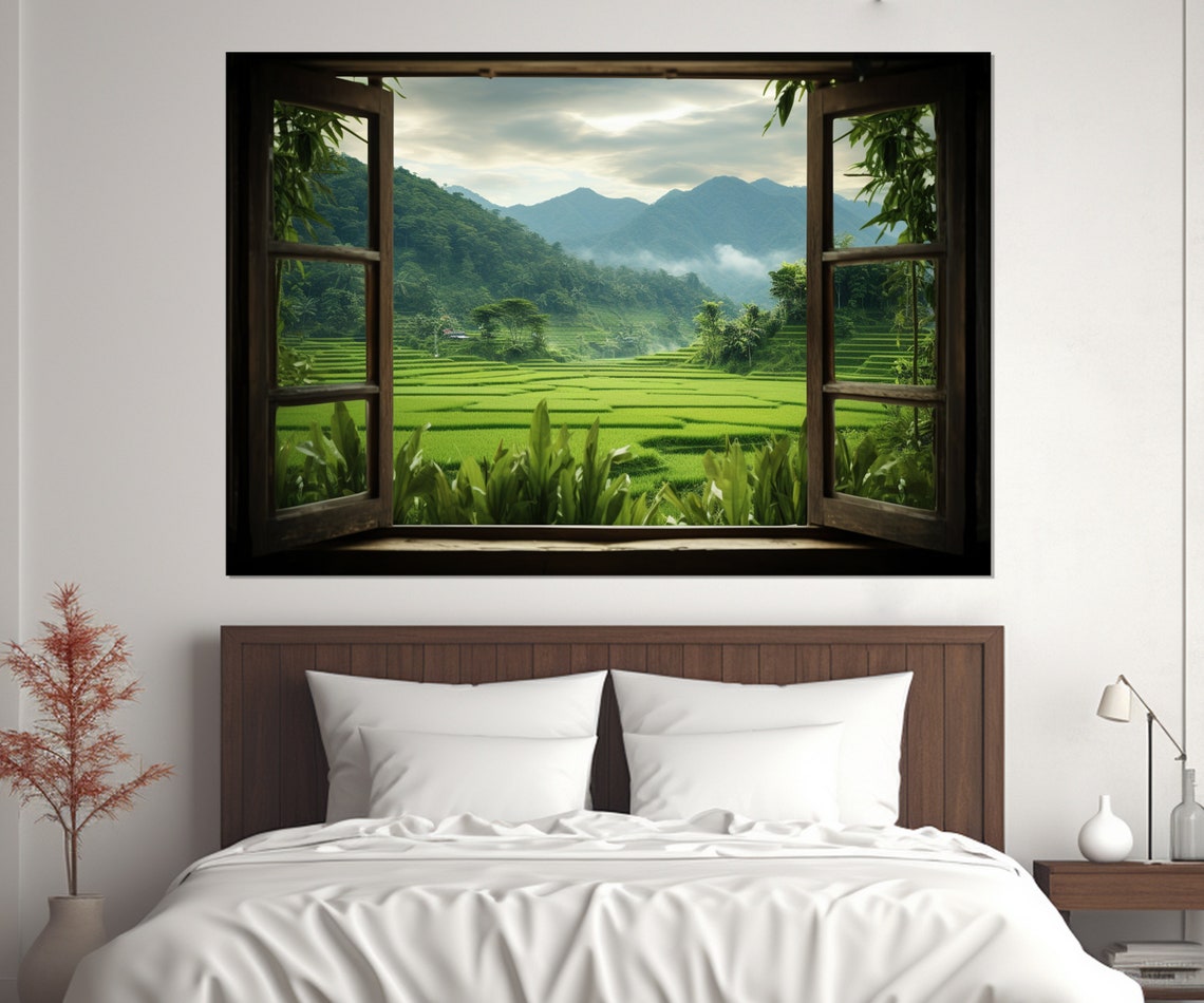 Green Rice Terraces Open Window Misty Mountains Asian Landscape Poster - Image 4