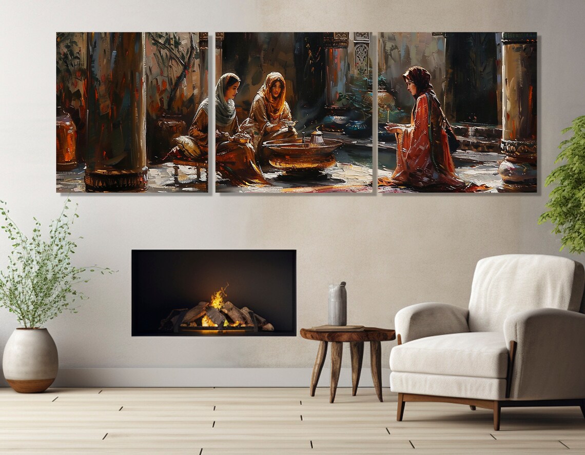 Arab Women Traditional Dress Courtyard Gathering Warm Impasto Wall Art - Image 4