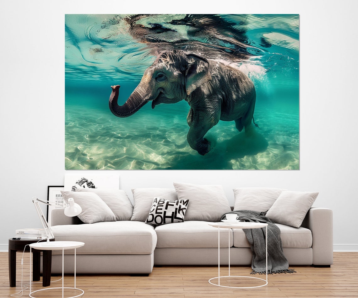 Elephant Swimming Underwater Turquoise Ocean Dreamy Animal Poster - Image 2