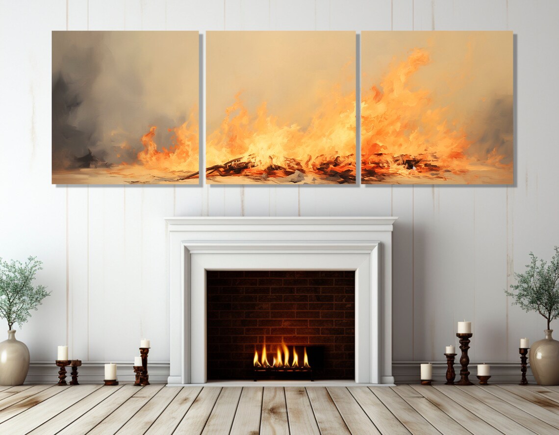 Large Burning Fire Print Panoramic Wall Art Livingroom Decor Housewarming Gift Abstract Fire Painting Framed And Ready To Hang