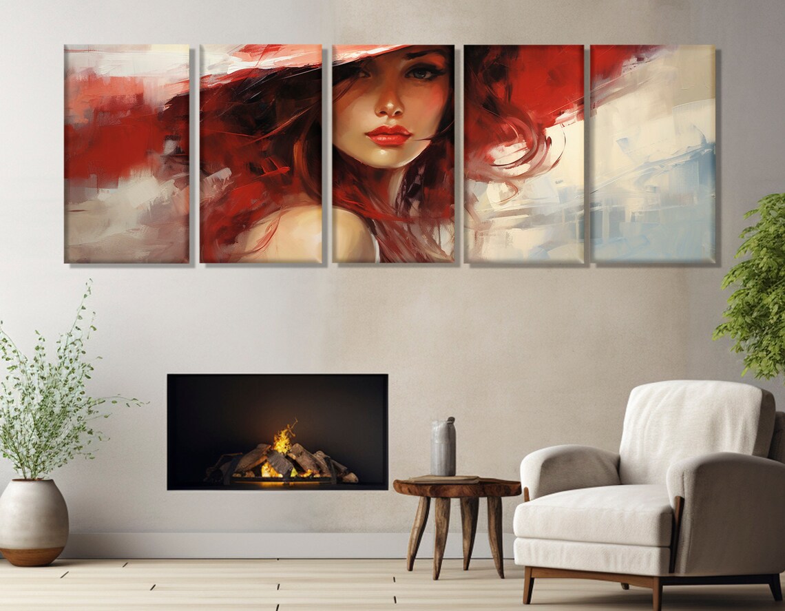 Red Haired Woman Abstract Portrait Red Hat Flowers Fashion Art Poster - Image 3