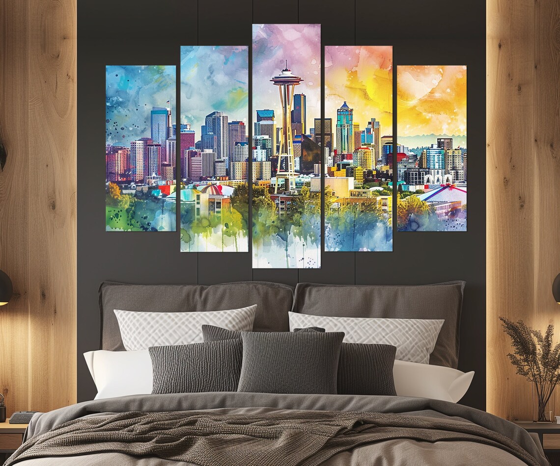 Seattle Space Needle Skyline Rainbow Watercolor City Travel Poster - Image 4