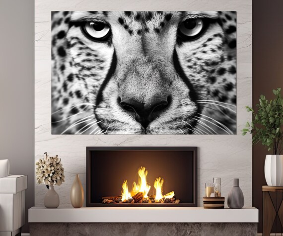 Black White Cheetah Face Close Up Intense Gaze Wildlife Portrait Wall Art