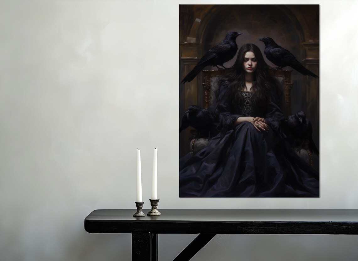 Dark Witch On Throne With Ravens Gothic Fantasy Portrait Wall Art Poster - Image 2