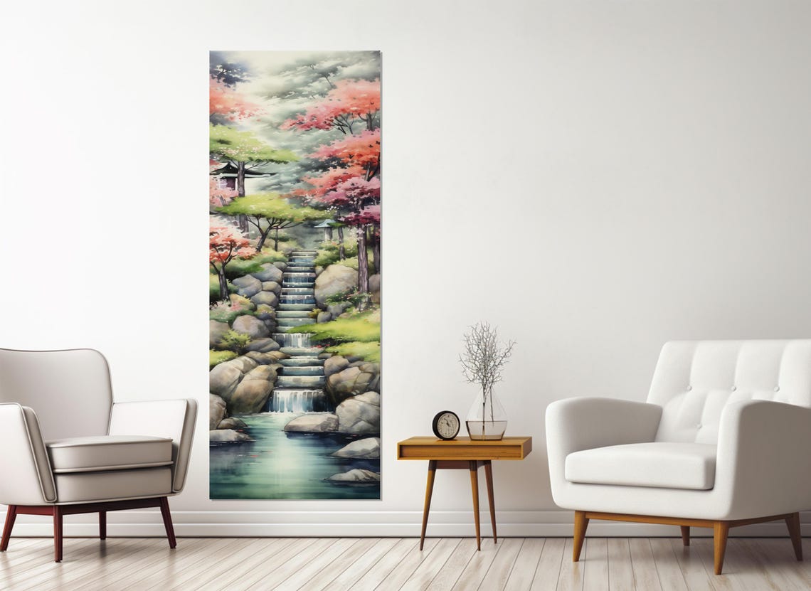 Japanese Garden Stone Steps Waterfall Stream Blossom Serene Poster