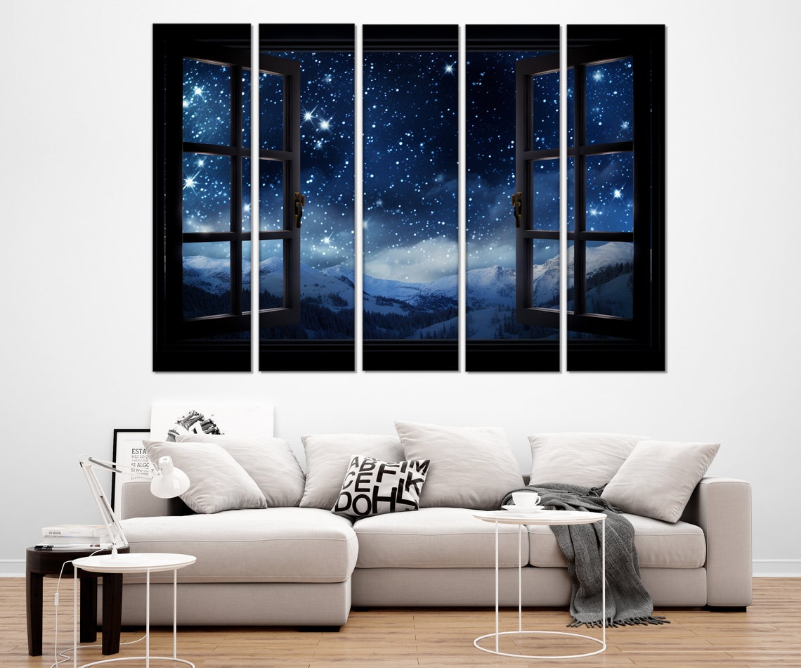 Snowy Mountains Starry Night Sky Open Window Winter Landscape Poster - Image 3