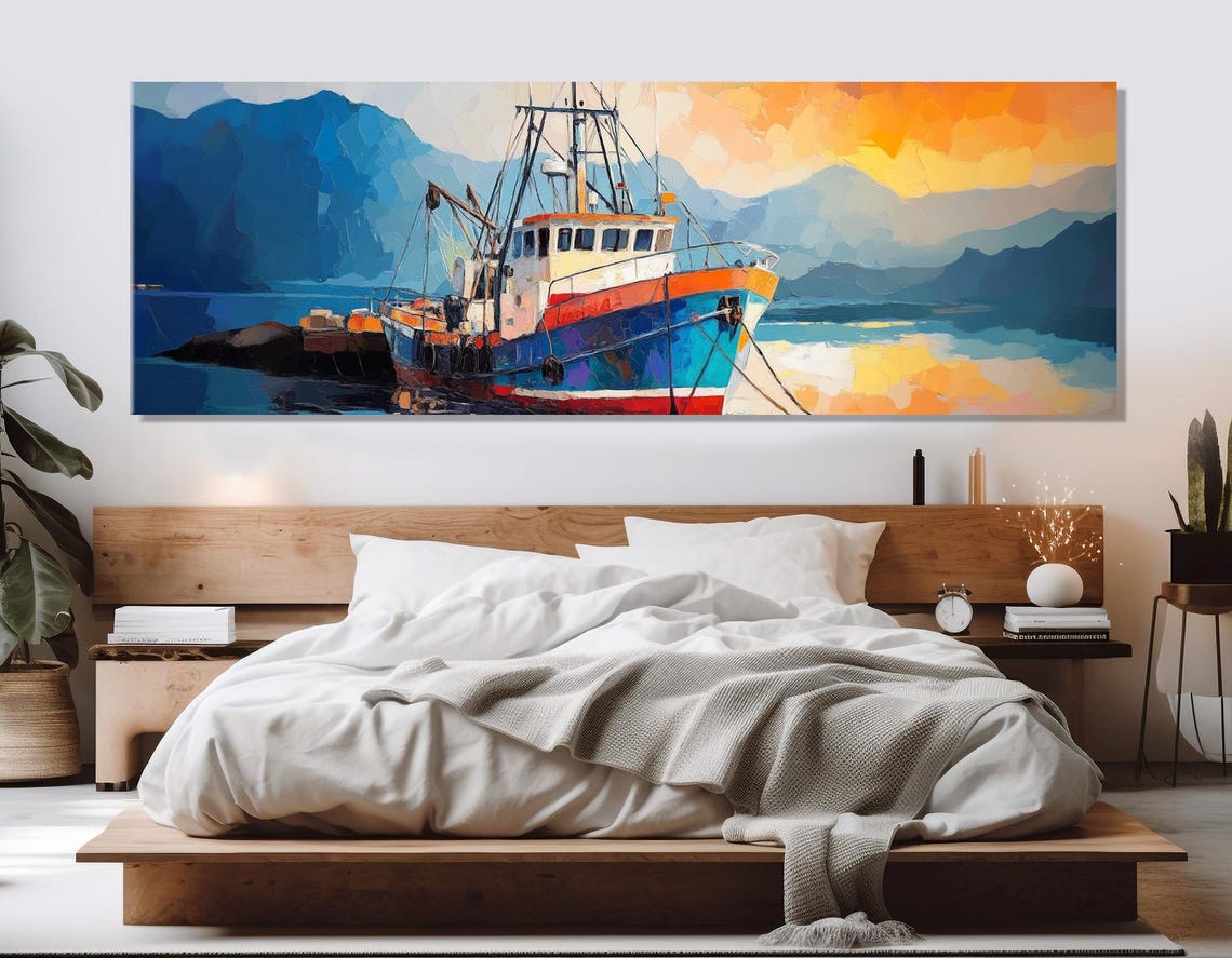 Colorful Old Fishing Trawler Harbor Sunset Mountain Seascape Poster - Image 2
