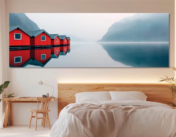 Minimalist Fjords Lake With Red Houses Print Soft Tones Mountain Lake Wall Art Scenic Nature Landscape Framed And Ready To Hang