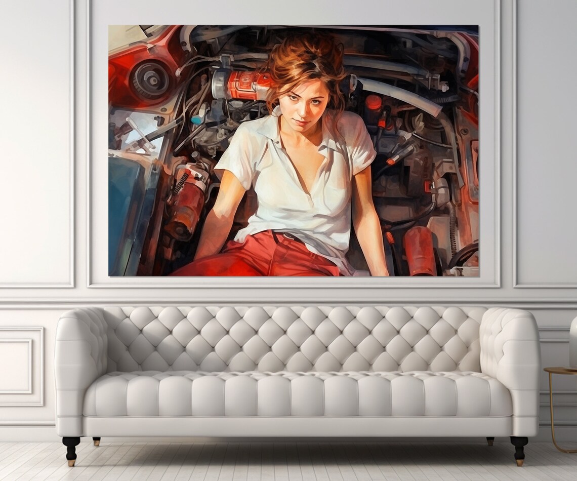 Retro Mechanic Woman Car Engine Bay Vintage Workshop Painting Poster