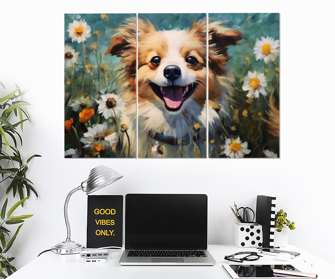 Smiling Puppy In Daisy Field Happy Dog Painting Animal Art Poster - Image 3