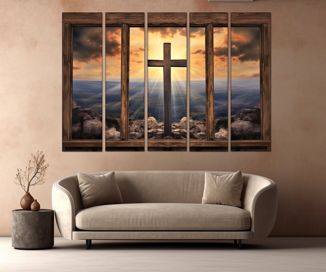 Rustic Window Cross Mountain Sunrise Golden Light Christian Wall Art Print - Image 3