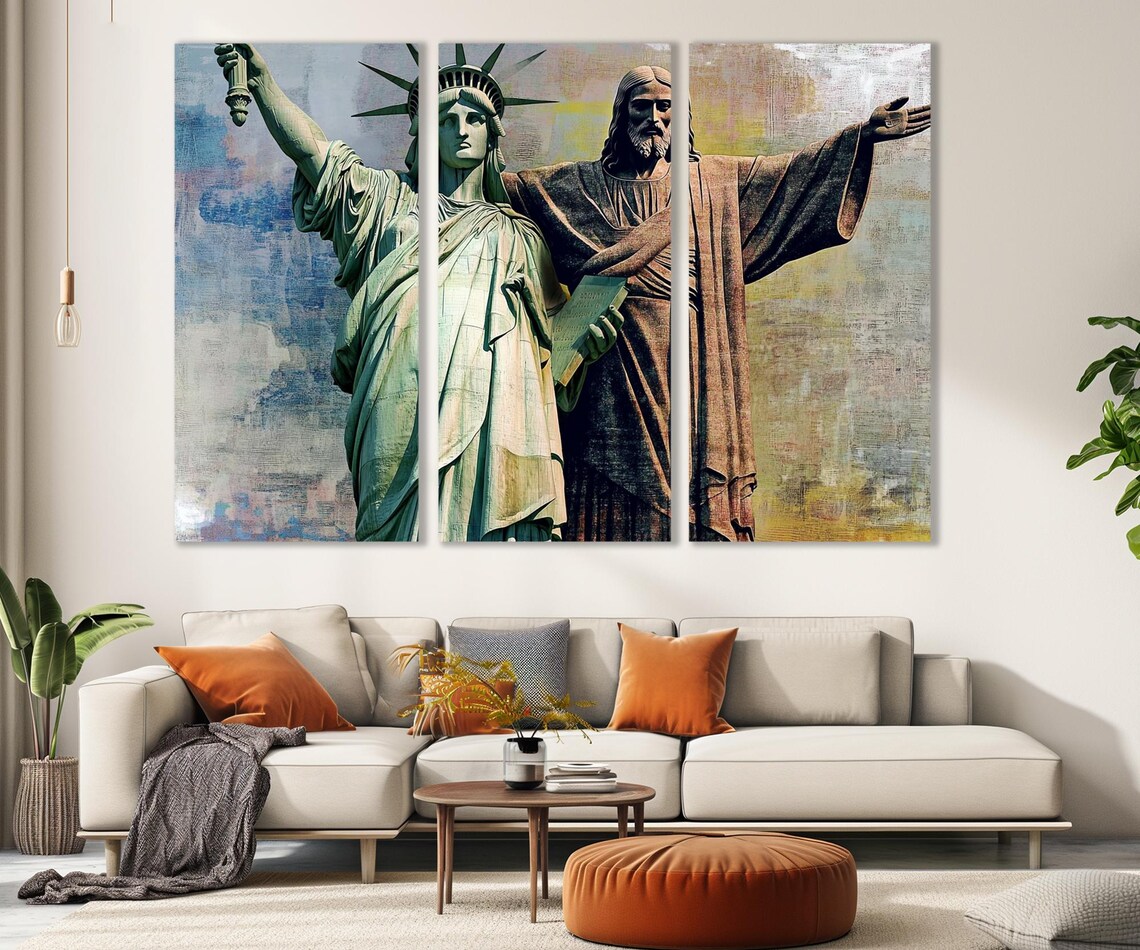 Statue Of Liberty And Christ Redeemer New York Rio Painting Poster - Image 2