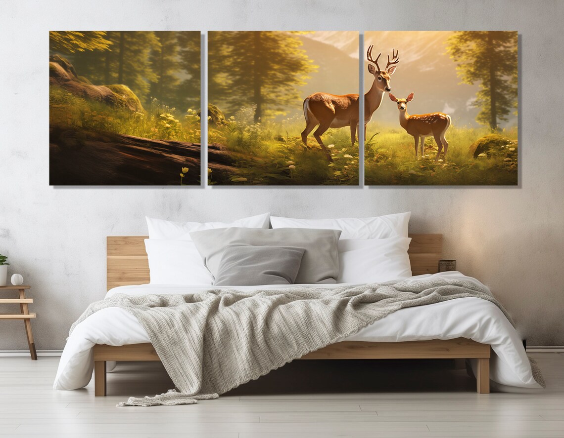 Deer And Fawn Golden Forest Clearing Sunlit Woodland Wildlife Panoramic Wall Poster - Image 3