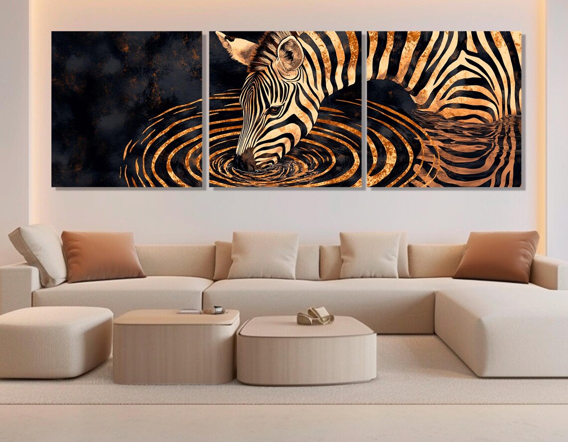Black Gold Zebra Drinking Water Ripples Bold African Animal Wall Art Poster - Image 4