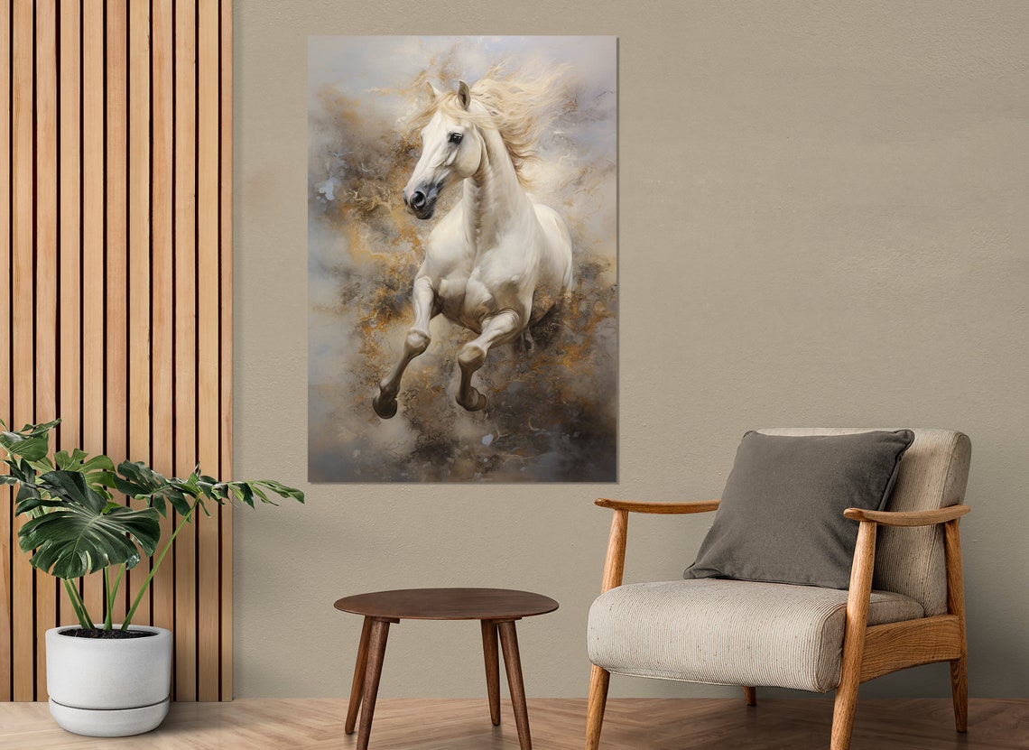 Galloping White Horse Abstract Gold Grey Background Equine Poster - Image 4