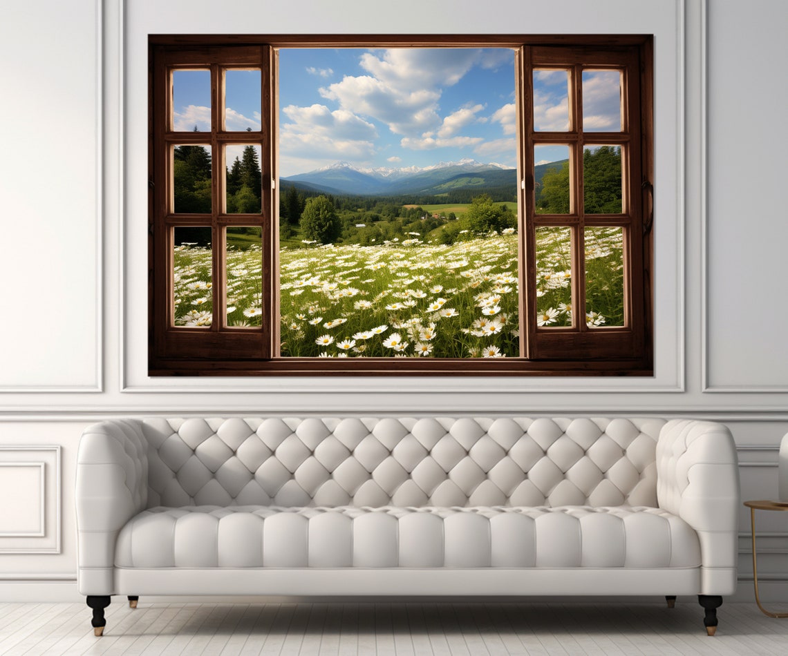 Open Window Overlooking Daisy Field Mountains Faux View Poster - Image 4