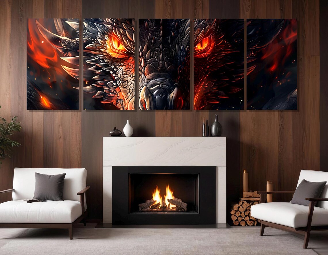 Fierce Black Dragon Face Glowing Orange Eyes Fantasy Art Wall Art Poster - Image 3
