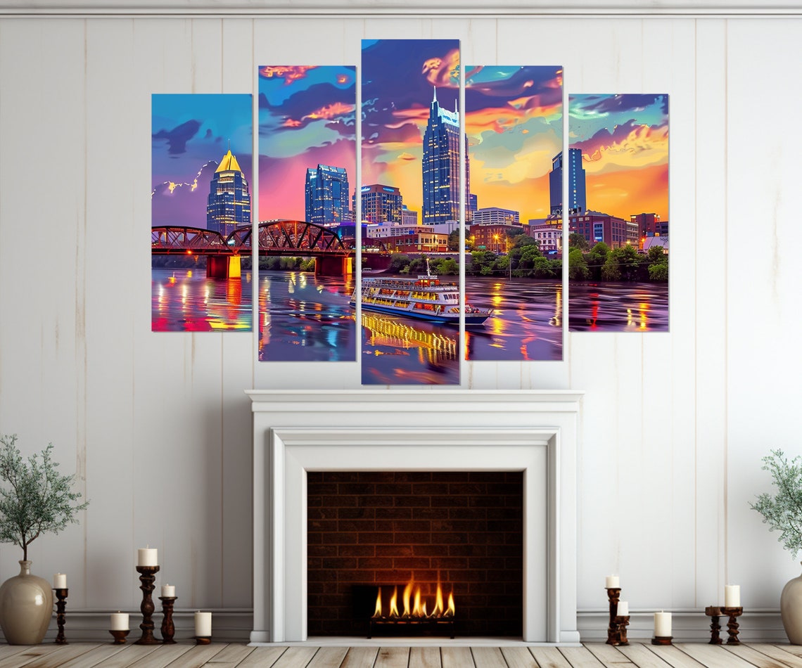 Nashville Skyline Riverboat Sunset Cumberland River City Art Poster - Image 4