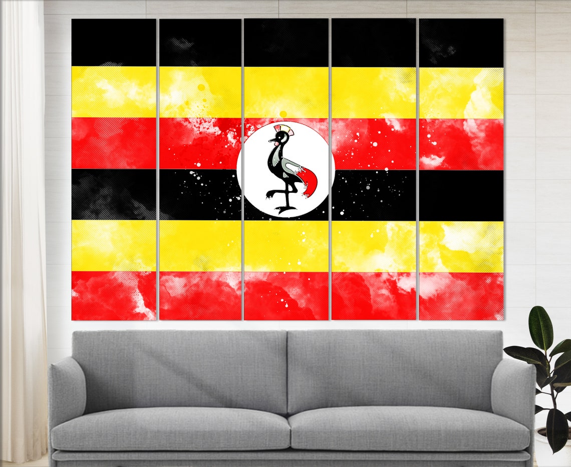 Uganda Flag Grunge Five Panel Canvas Black Yellow Red Crane Poster