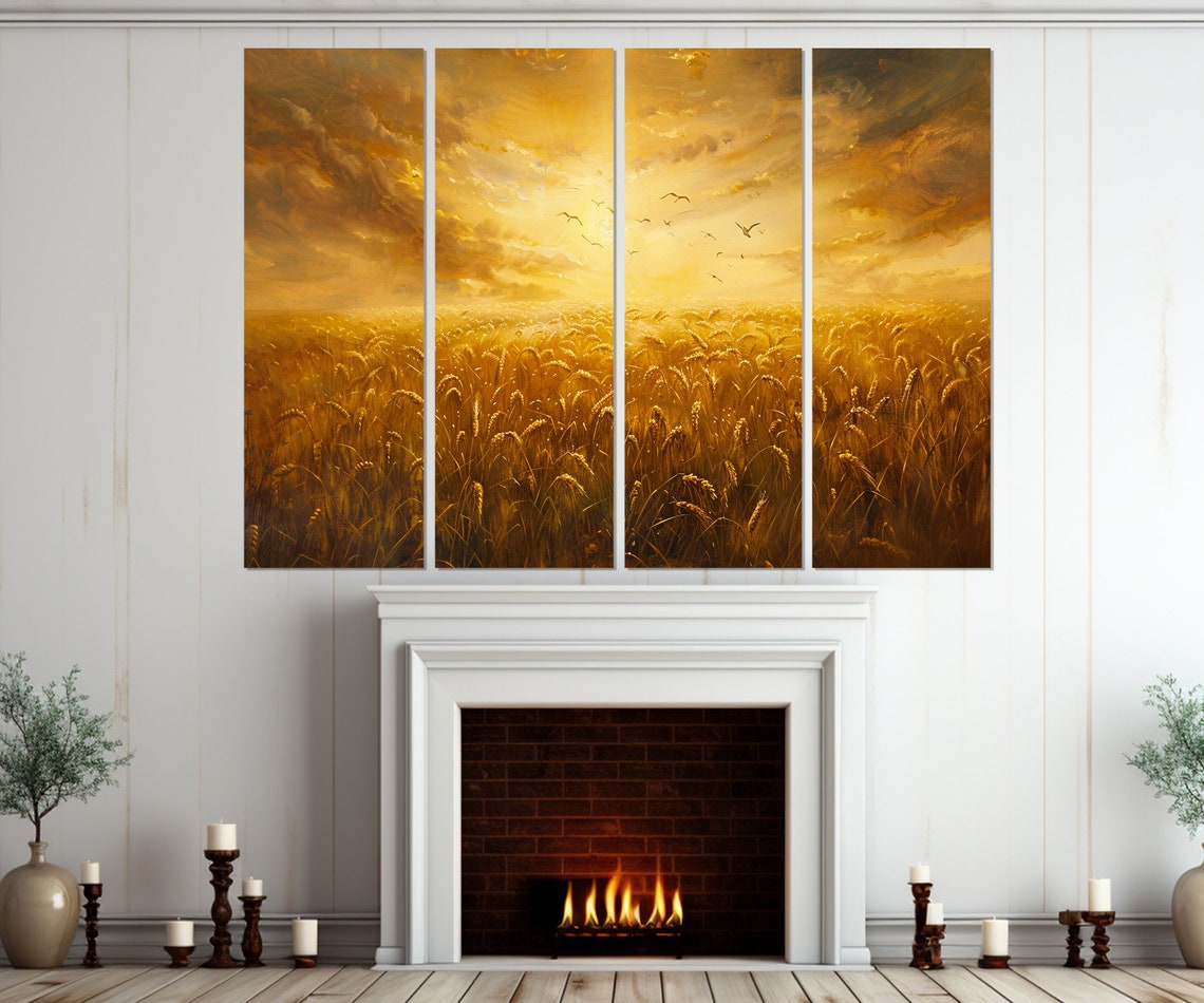 Golden Wheat Field Triptych Sunset Birds Farmhouse Rustic Wall Art - Image 2