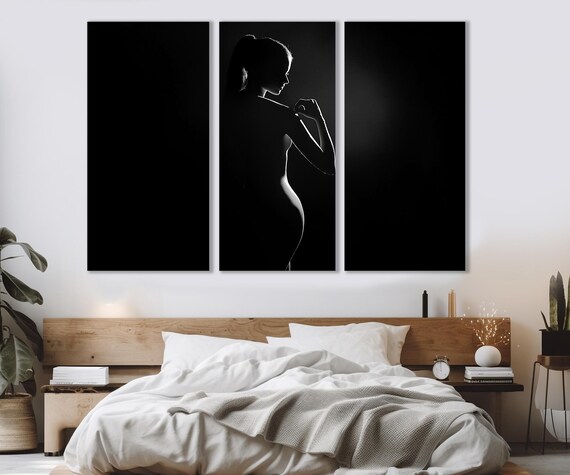 Woman Profile Silhouette Black White Triptych Elegant Fine Art Poster