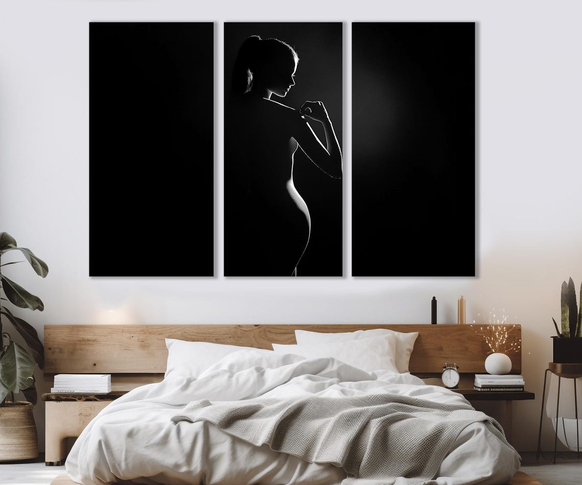 Woman Profile Silhouette Black White Triptych Elegant Fine Art Poster