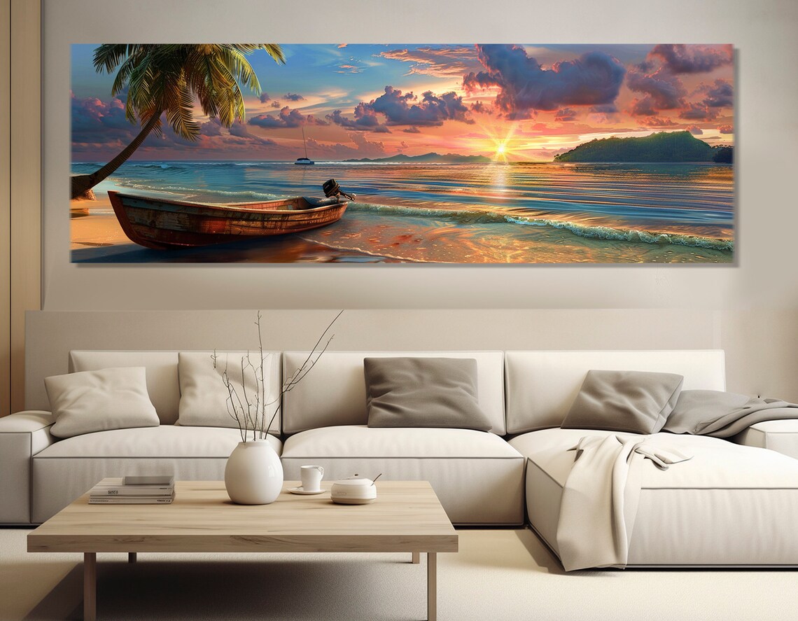 Weathered Fishing Boat Tropical Sunset Palm Shore Island Travel Poster - Image 4