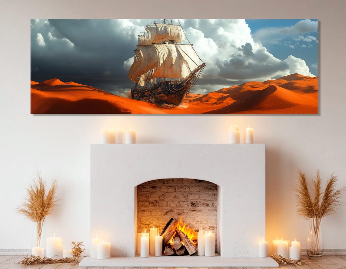 Tall Ship Crossing Red Desert Dunes Storm Sky Surreal Sailing Poster