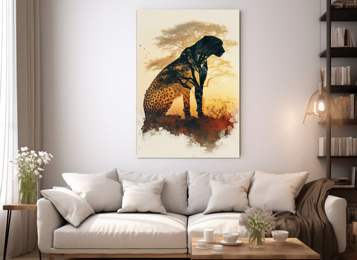 Cheetah Silhouette African Savanna Sunset Double Exposure Wildlife Wall Poster - Image 2