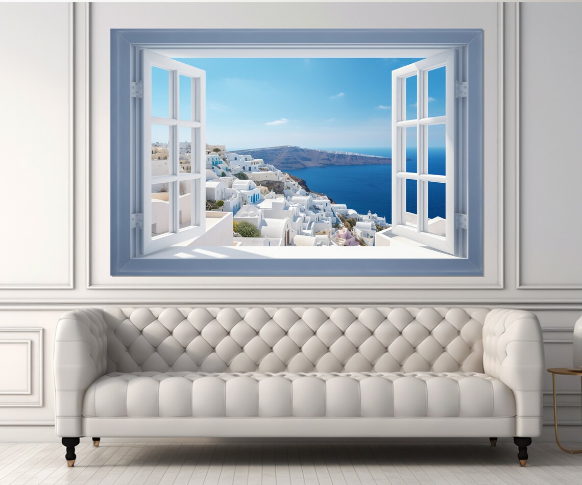 Open Window With Santorini View, Coastal Art Print