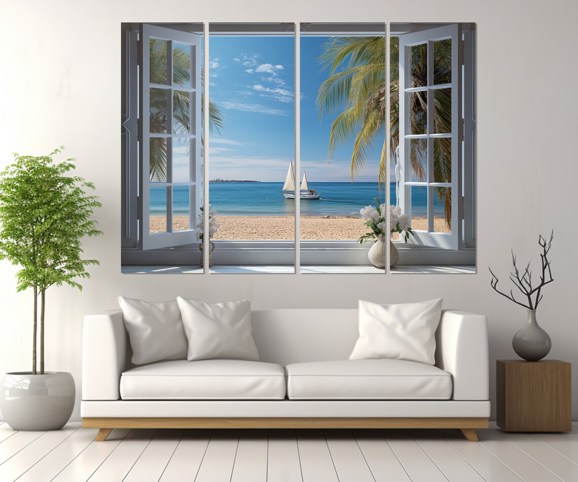 Open Window Sea View, Coastal Beach and Sailboat Art Print - Image 2