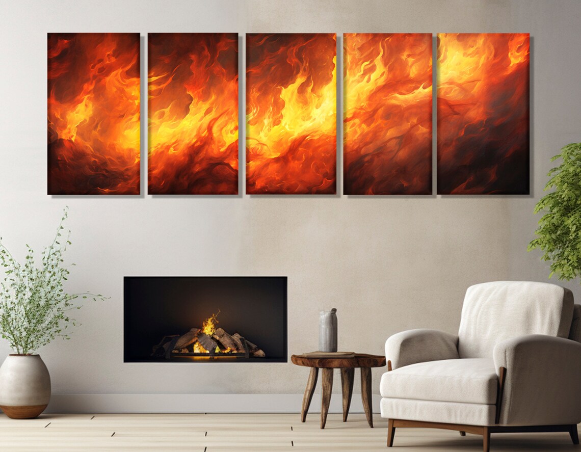 Large Fire Print Panoramic Wall Art Livingroom Decor Firefighter Gift Abstract Fire Painting Framed And Ready To Hang - Image 2