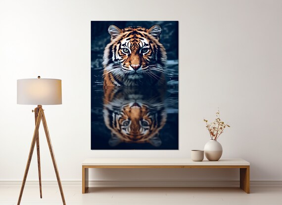 Tiger In Water Reflection Close Up Portrait Dramatic Wildlife Art Poster