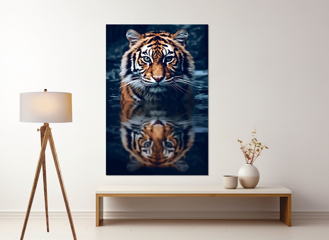 Tiger In Water Reflection Close Up Portrait Dramatic Wildlife Art Poster