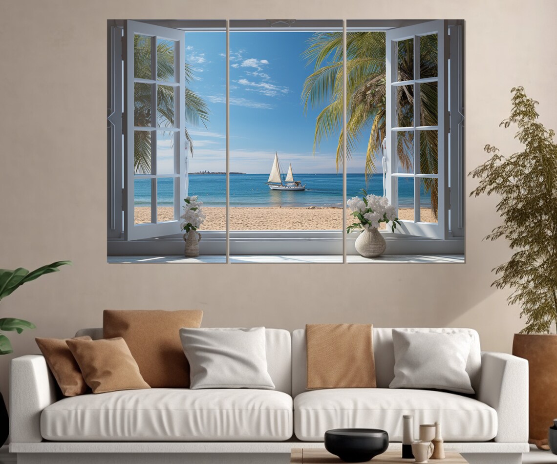 Open Window Sea View, Coastal Beach and Sailboat Art Print - Image 3