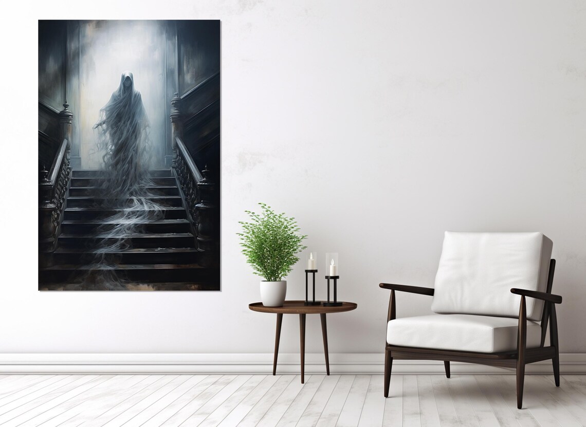 Ghostly Figure Descending Grand Staircase Haunted Gothic Wall Art Poster - Image 2