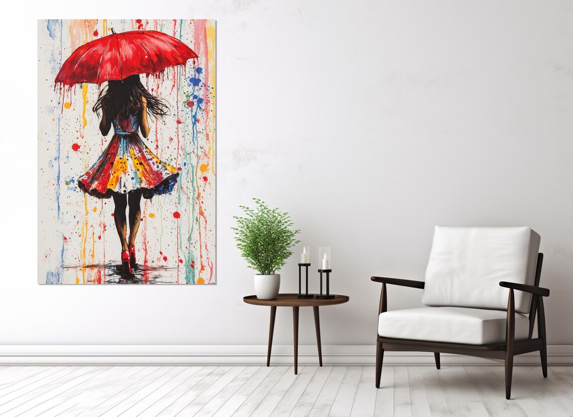 Girl With Red Umbrella Rain Colorful Paint Splatter Street Art Poster - Image 3