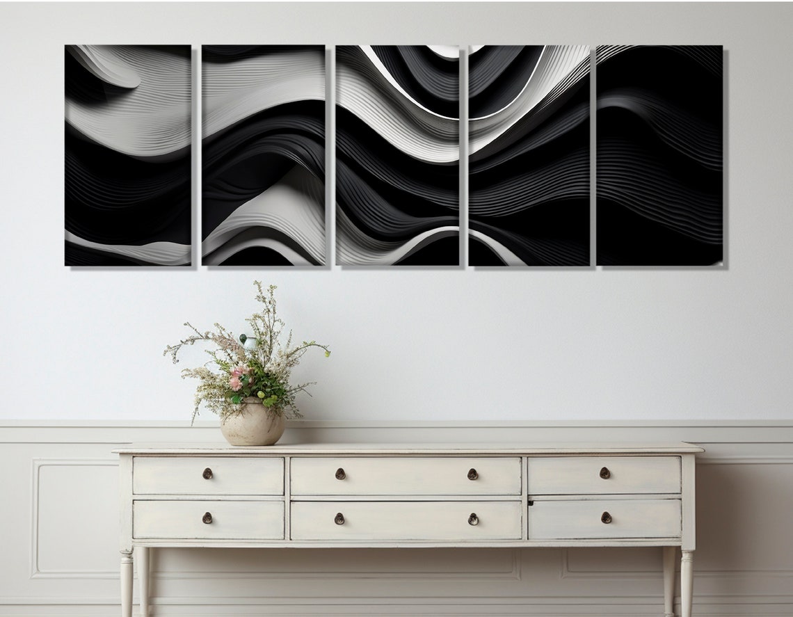 Black And White Abstract Flowing Waves Minimalist Modern Art Poster - Image 3