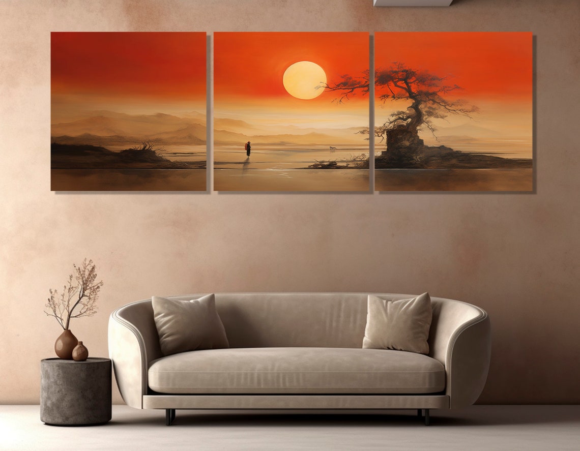 Traditional Chinese Sunrise Lake Lone Tree Misty Mountains Art Poster - Image 2