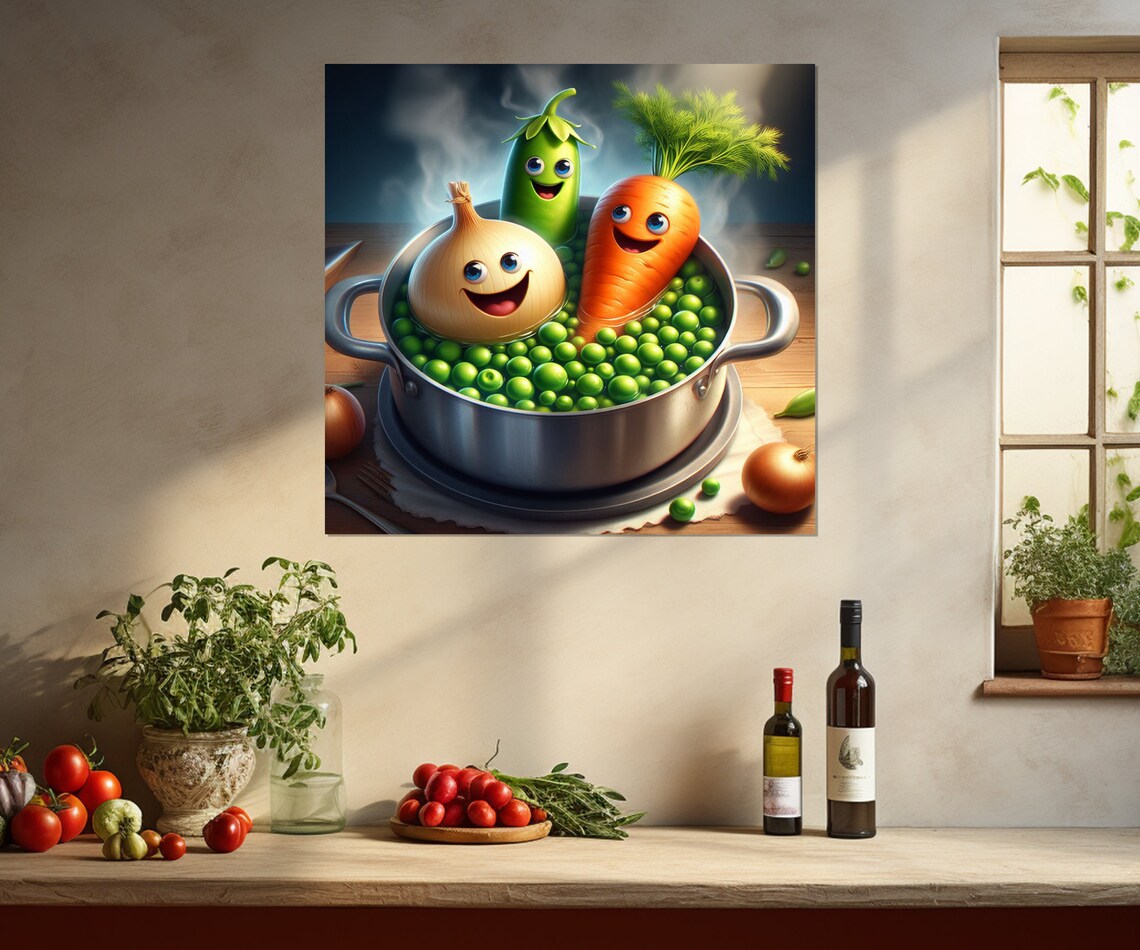 Happy Vegetable Friends Pot Of Peas Cartoon Kitchen Wall Decor Print - Image 4