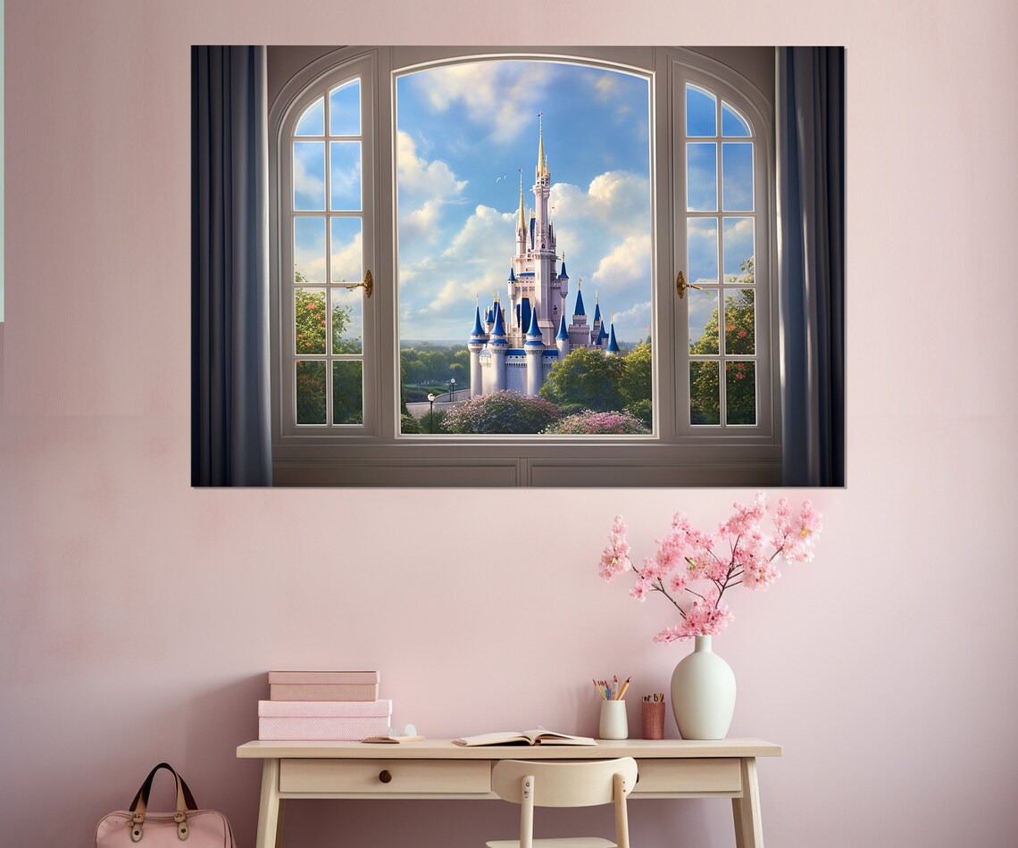 Open Window Fairytale Castle View Pink Princess Room Kids Nursery Wall Poster