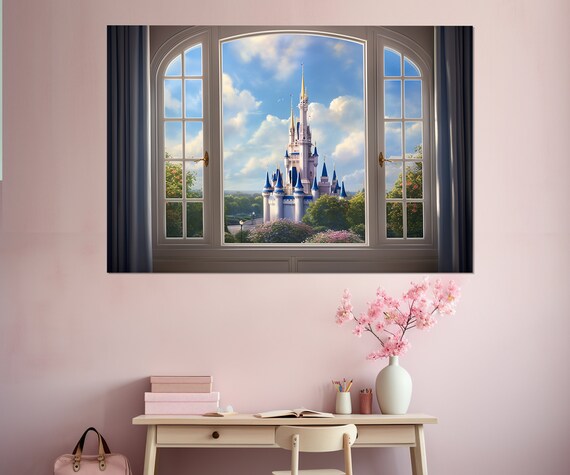 Open Window Fairytale Castle View Pink Princess Room Kids Nursery Wall Poster