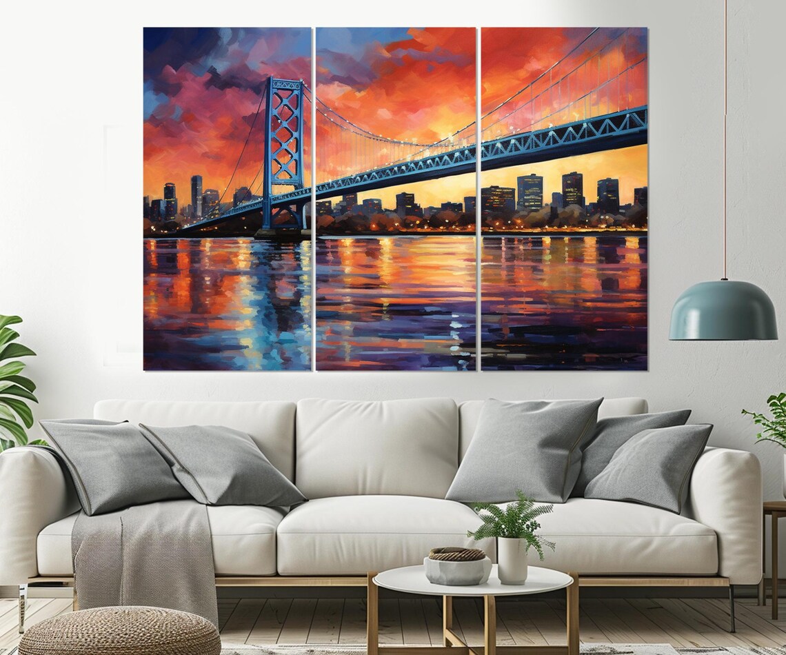 New Jersey Skyline Suspension Bridge Sunset River Abstract Art Poster - Image 4