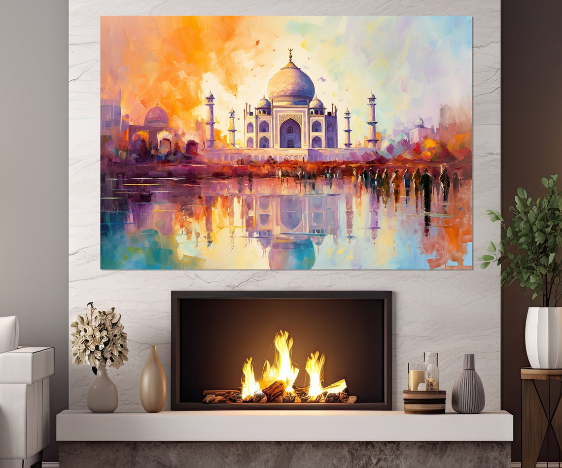 Taj Mahal Sunset Abstract Oil Painting River Reflection India Poster