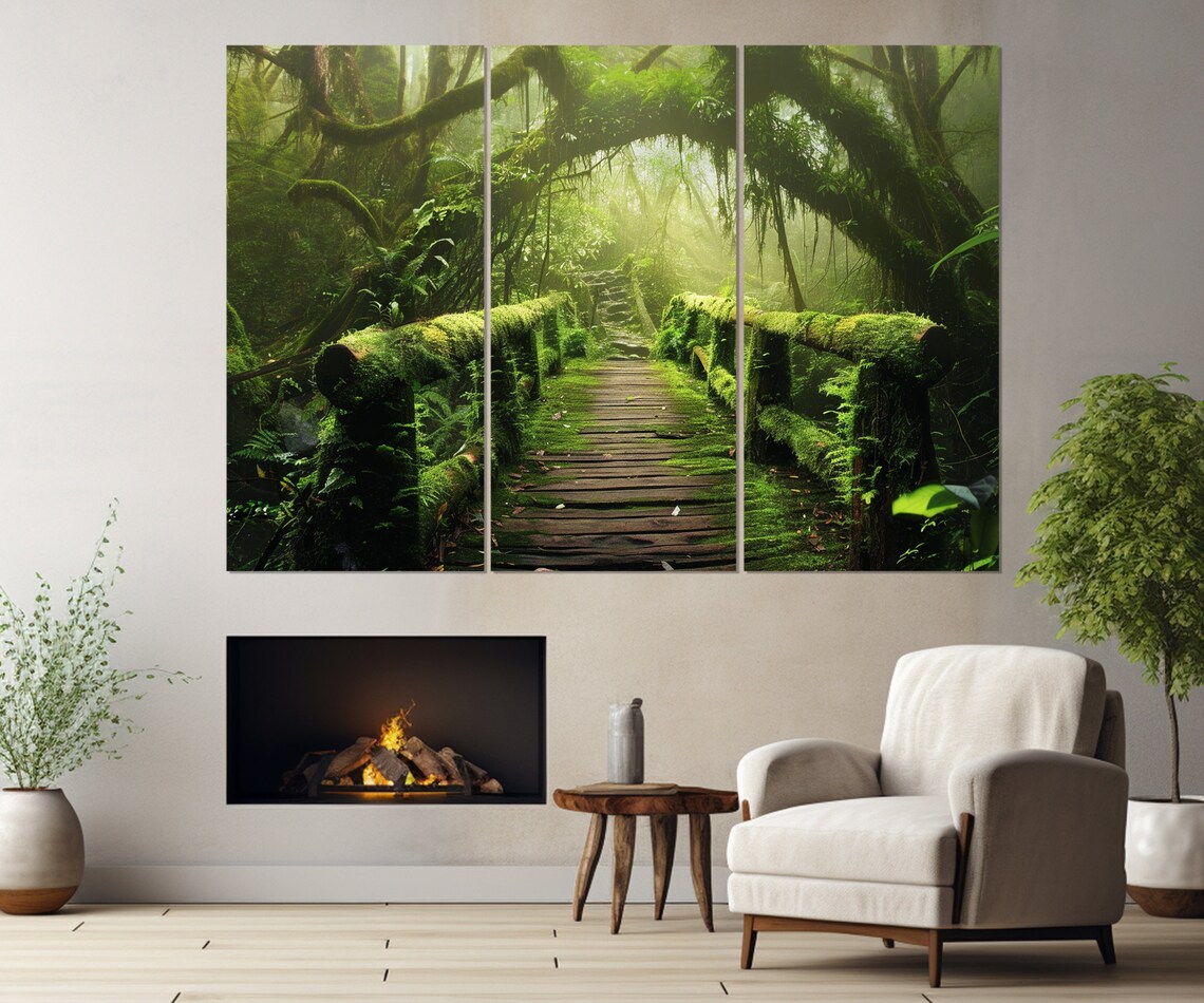Bamboo Bridge Over River, Tropical Forest Art Print - Image 4