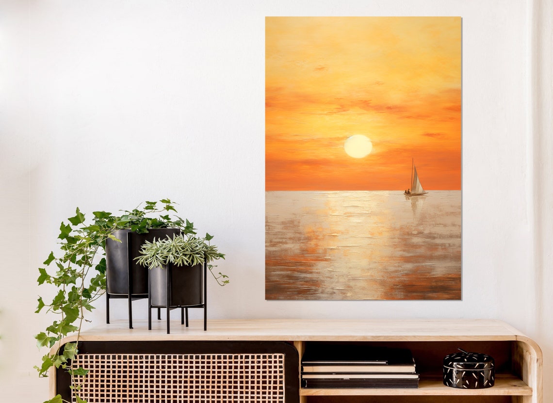 Sailboat Golden Sunset Seascape Calm Ocean Horizon Vertical Art Poster - Image 3
