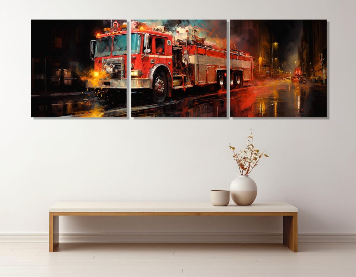 Red Fire Truck Night Lights Emergency Vehicle Panoramic Wall Art - Image 4